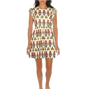 Valentino Cotton Poplin Dress Size‎ 38 Ikat Print Flutter Sleeve Open Back